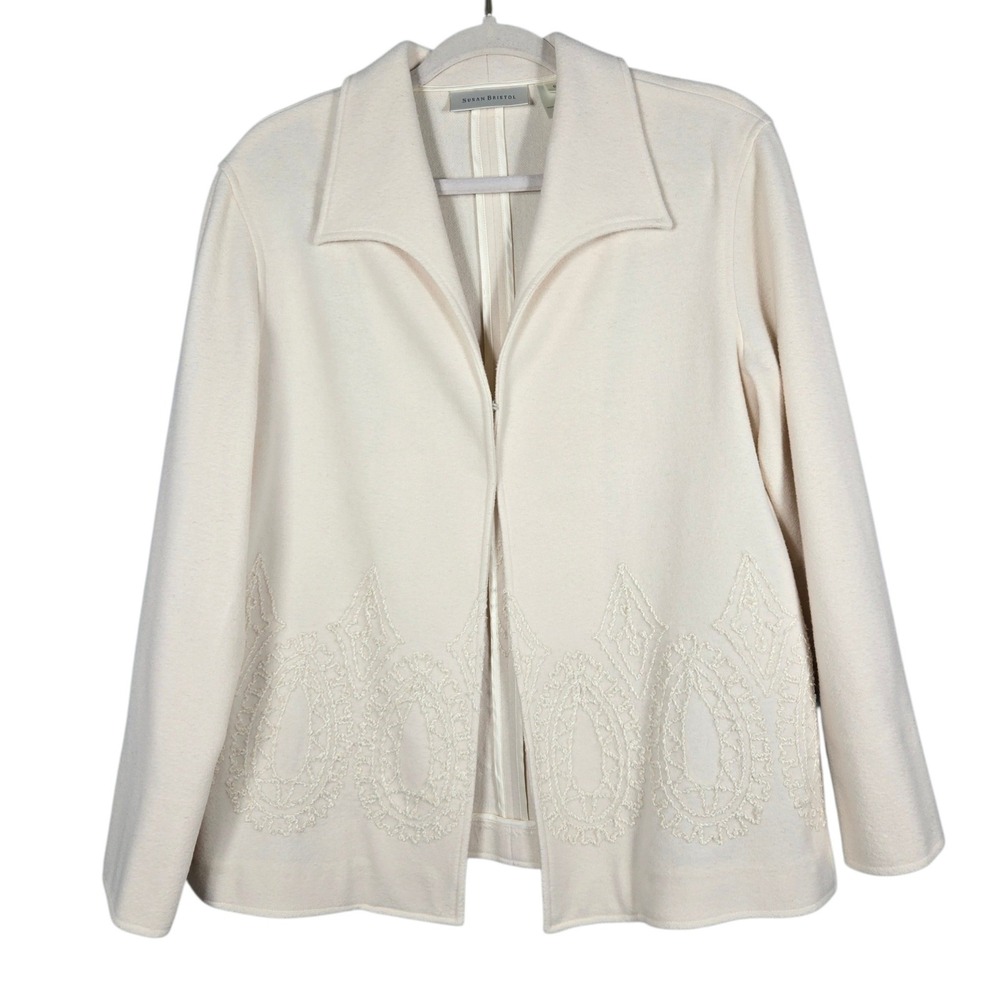 Susan Bristol Vintage 90s Jacket S Cream Wool Cashmere Embroidered Minimalist